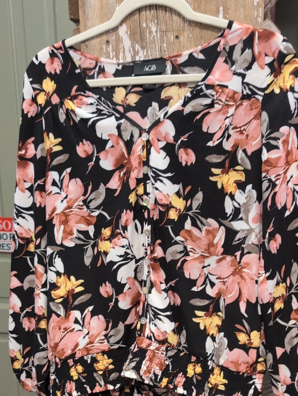 AGB Black Floral Button-Front Blouse with Pink and Yellow Blooms